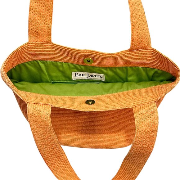 Eric Javits New York Orange Raffia Straw Tote Bag With Green Lining - Picture 9 of 10